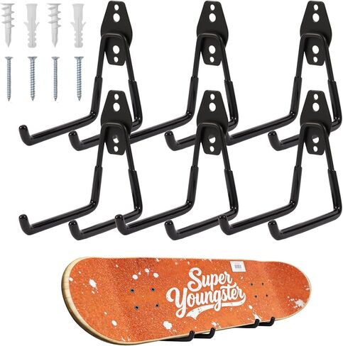 6 Pack Skateboard Wall Mount Hanger Rack - Skateboard Accessories,Heavy Duty Iron Storage Display Hook for Horizontal Installation,Non-Slip PVC Coating,Holds 55 lbs, Easy Mount on Wall & Wood in Kuwait