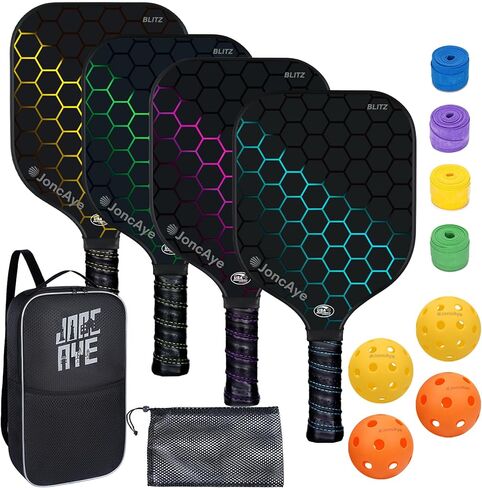 JoncAye Pickleball Paddles Set of 4 or 2, USAPA Approved Fiberglass Rackets with Outdoor Indoor Balls, Bag, Overgrip, Lightweight for Family, Professional Equipment for Beginners Intermediate in Saudi Arabia