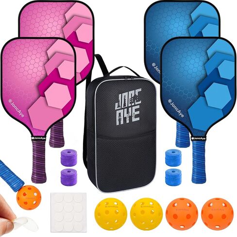 JoncAye Pickleball Paddles Set of 4 or 2, USAPA Approved Fiberglass Rackets with Outdoor Indoor Balls, Bag, Overgrip, Lightweight for Family, Professional Equipment for Beginners Intermediate in Saudi Arabia