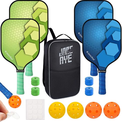 JoncAye Pickleball Paddles Set of 4 or 2, USAPA Approved Fiberglass Rackets with Outdoor Indoor Balls, Bag, Overgrip, Lightweight for Family, Professional Equipment for Beginners Intermediate in Saudi Arabia