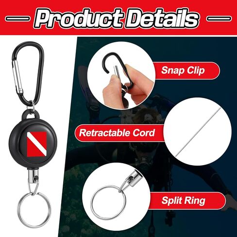 12 Pcs Scuba Retractor Clip, Retractable Diving Gear Tethers Heavy Duty Stainless Steel Key Ring with 24'' Quick Release Extension Cord for Dive Gauges Spearfishing Swimming Flashlights in Saudi Arabia