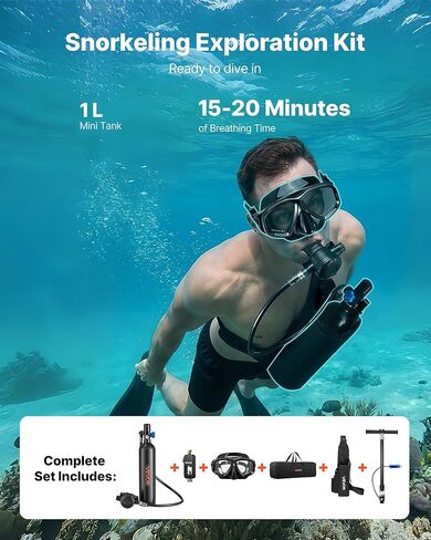 VEVOR Mini Scuba Tank, 1L Portable Diving Tank for Underwater Breathing, Reusable Lung Diving Cylinder up to 20 Minutes Dive Time, Emergency Rescue Pony Bottle with Adapter & Goggles for Snorkeling in Saudi Arabia