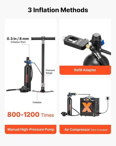 VEVOR Mini Scuba Tank, 1L Portable Diving Tank for Underwater Breathing, Reusable Lung Diving Cylinder up to 20 Minutes Dive Time, Emergency Rescue Pony Bottle with Adapter & Goggles for Snorkeling in Saudi Arabia