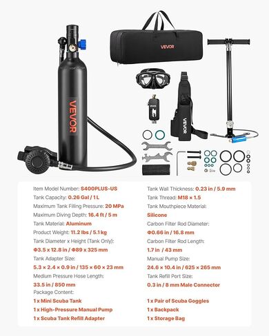 VEVOR Mini Scuba Tank, 1L Portable Diving Tank for Underwater Breathing, Reusable Lung Diving Cylinder up to 20 Minutes Dive Time, Emergency Rescue Pony Bottle with Adapter & Goggles for Snorkeling in Saudi Arabia