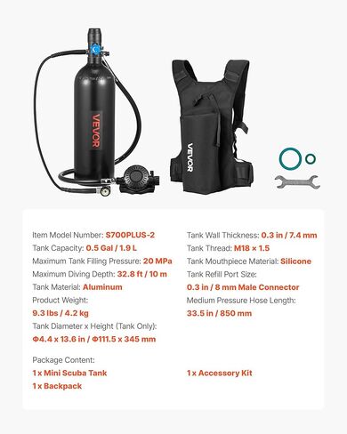 VEVOR Mini Scuba Tank, 1.9L Portable Small Diving Tank for Underwater Breathing, Reusable Lung Diving Cylinder up to 35 Minutes Dive Time, Emergency Rescue Pony Bottle with Backpack for Snorkeling in Kuwait