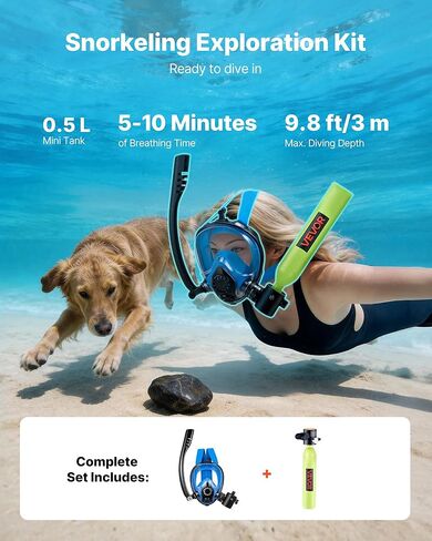 VEVOR Mini Scuba Tank with Sub-Mask, 0.5L Portable Small Diving Tank for Underwater Breathing, Reusable Lung Diving Cylinder up to 10 Minutes Dive Time, Emergency Rescue Pony Bottle for Snorkeling in Saudi Arabia