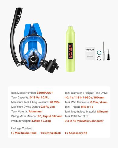 VEVOR Mini Scuba Tank with Sub-Mask, 0.5L Portable Small Diving Tank for Underwater Breathing, Reusable Lung Diving Cylinder up to 10 Minutes Dive Time, Emergency Rescue Pony Bottle for Snorkeling in Saudi Arabia
