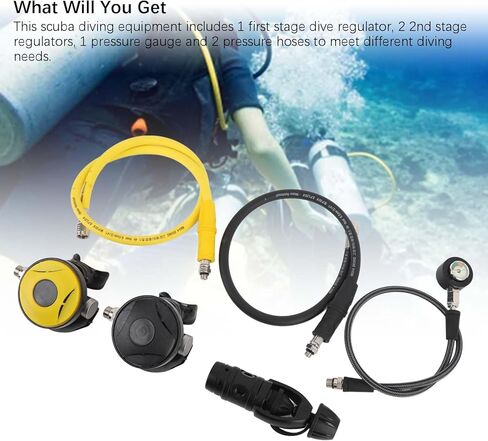Aluminum Alloy Dive Regulator Set, 1st Stage & 2nd Stages with Pressure Gauges & 2 Hoses for Scuba Diving, Underwater Breathing, and Freediving by Experienced Divers in Kuwait