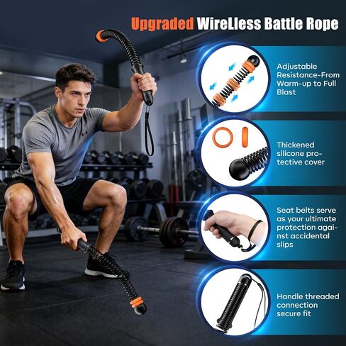 Cordless Battle Ropes with Adjustable Resistance Springs - Weighted Ropeless Battle Rope for Home Gym Exercise, Portable Workout Equipment for Strength Training & Cardio Fitness Orange& Black in Kuwait