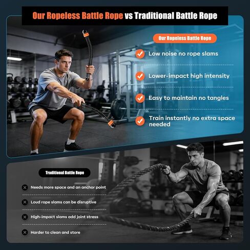 Cordless Battle Ropes with Adjustable Resistance Springs - Weighted Ropeless Battle Rope for Home Gym Exercise, Portable Workout Equipment for Strength Training & Cardio Fitness Orange& Black in Kuwait