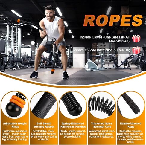 حبال معركة محمولة بدون حبال، حبال معركة لاسلكية بأوزان قابلة للتعديل لصالة الألعاب الرياضية المنزلية مع حقيبة تخزين، معدات تمرين مرجحة للتمرين منخفض التأثير، القوة وHIIT، للرجال والنساء (أسود) in Kuwait