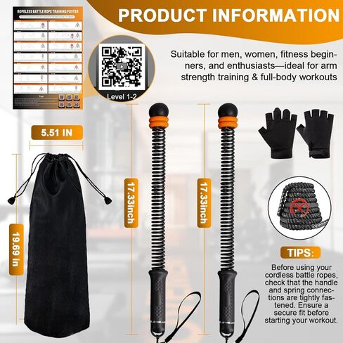 حبال معركة محمولة بدون حبال، حبال معركة لاسلكية بأوزان قابلة للتعديل لصالة الألعاب الرياضية المنزلية مع حقيبة تخزين، معدات تمرين مرجحة للتمرين منخفض التأثير، القوة وHIIT، للرجال والنساء (أسود) in Kuwait