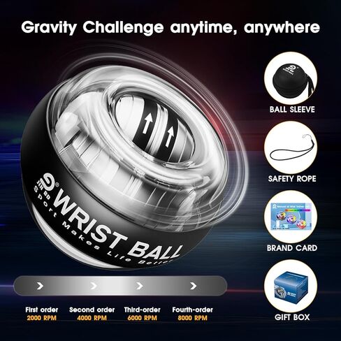 كرة تدريب المعصم، كرة جيروسكوبية لبدء التشغيل التلقائي لتمرين الساعد، كرة جيروسكوبية لتقوية الأذرع والأصابع والعظام والعضلات (نموذج ضوء LED أسود) in Kuwait