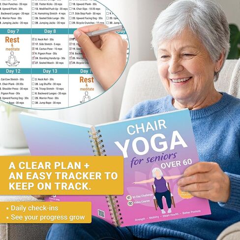 كرسي اليوغا لكبار السن الذين تزيد أعمارهم عن 60 كتابًا ومخططًا، 30 وضعية مع دليل فيديو، غلاف حلزوني، طباعة كبيرة، مخطط مصفح لمدة 30 يومًا، تمارين الجلوس لفقدان الوزن، المرونة، هدية للنساء والرجال in Kuwait