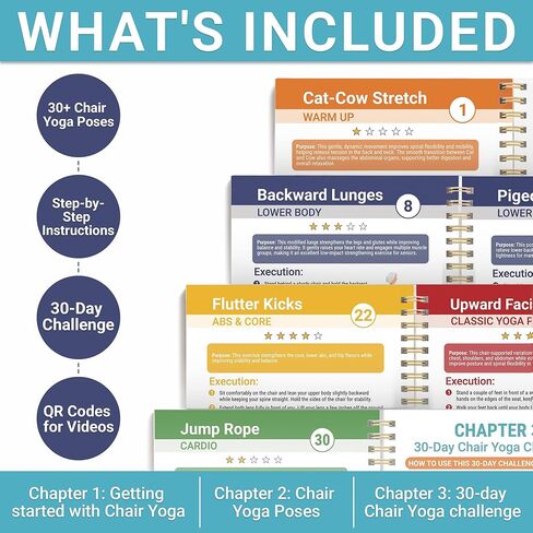 كرسي اليوغا لكبار السن الذين تزيد أعمارهم عن 60 كتابًا ومخططًا، 30 وضعية مع دليل فيديو، غلاف حلزوني، طباعة كبيرة، مخطط مصفح لمدة 30 يومًا، تمارين الجلوس لفقدان الوزن، المرونة، هدية للنساء والرجال in Kuwait