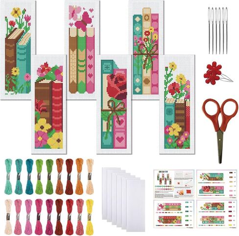 FreeBloss 6 Set Cross Stitch Borkmark Kits for Beginner Cartoon Summer Cross Cross Kit Diy تطريز مرجعية مع تعليمات 8 'x 2.4' ' in Kuwait