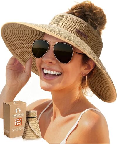 FURTALK Sun Visor Hats for Women Wide Brim Straw Ponytail Summer Beach Hat UV UPF Packable Foldable Travel in Kuwait
