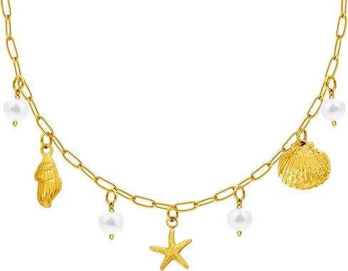 Beach Charm Necklace for Women, Gold Summer Necklace Cute Vintage Seashell Necklace 17" Paperclip Chain With Starfish Pendant Charms Necklaces as Waterproof Summer Jewelry Beach Stuff for Vacation in Saudi Arabia