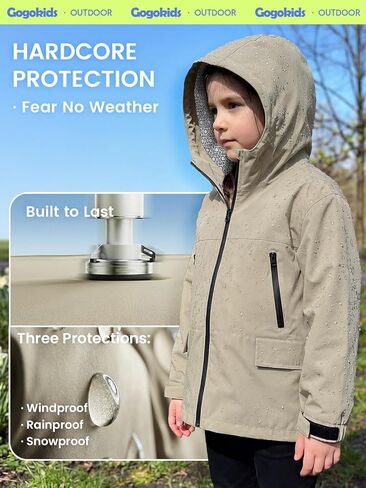 سترة Gogokids للأولاد والبنات مقاومة للماء خفيفة الوزن ومضادة للرياح معطف واق من المطر رياضي بغطاء للرأس ملابس خارجية لركوب الدراجات والمشي لمسافات طويلة والجري، كاكي، 11-12 سنة in Kuwait