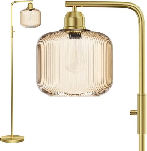 Glass Floor Lamp for Living Room, Modern Standing Lamp with Green Ribbed Glass Lampshade and Pedal Switch, 66" Tall Lamp & Gold Floor Lamp for Bedroom Study Room,Brushed Gold(3000K LED Bulb Included) in Saudi Arabia