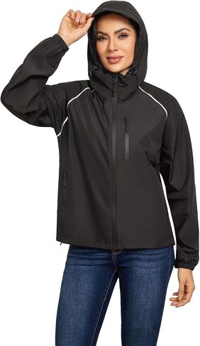 Women's Hooded Rain Jackets Waterproof Windbreaker Packable Running Lightweight Outdoor Cycling Jacket Reflective in Saudi Arabia