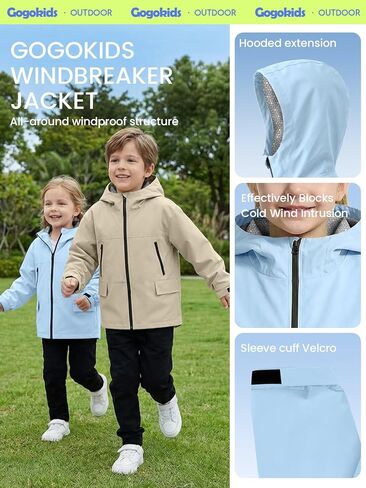 سترة Gogokids للأولاد والبنات مقاومة للماء خفيفة الوزن سترة واقية من المطر معطف واق من المطر رياضي بغطاء للرأس ملابس خارجية لركوب الدراجات والمشي لمسافات طويلة والجري، أزرق، 9-10 سنوات in Kuwait