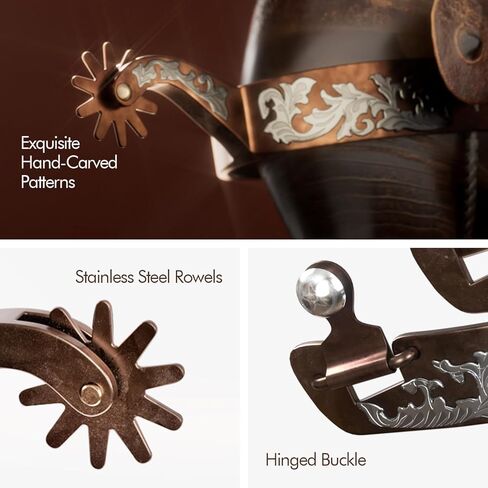 Western Cowboy Spurs, 1 Pair Horse Spurs with Rowels, Antique Horse Boot Spurs with Hand-Carved Decoration for Adult Equestrian in Saudi Arabia