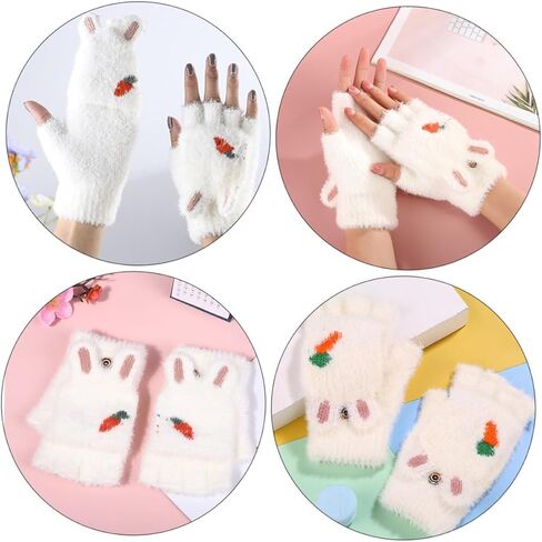 BESTYASH Thickened Fingerless Gloves with Cover, Warm Convertible Mittens Cartoon Carrot Design, White Pair for Cold Weather Outdoor Use in Saudi Arabia