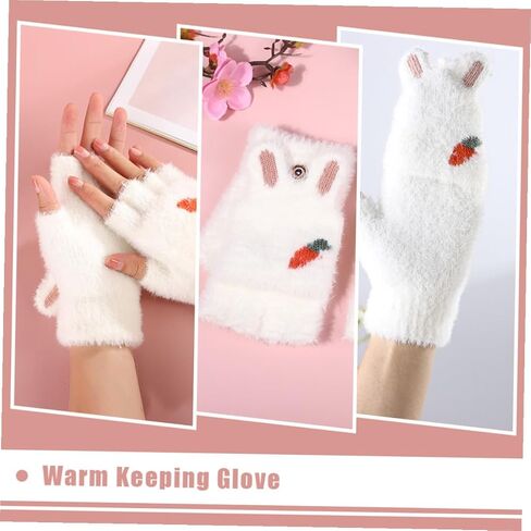 BESTYASH Thickened Fingerless Gloves with Cover, Warm Convertible Mittens Cartoon Carrot Design, White Pair for Cold Weather Outdoor Use in Saudi Arabia