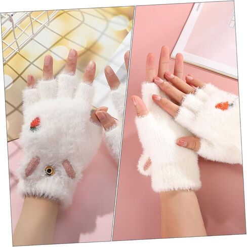 BESTYASH Thickened Fingerless Gloves with Cover, Warm Convertible Mittens Cartoon Carrot Design, White Pair for Cold Weather Outdoor Use in Saudi Arabia