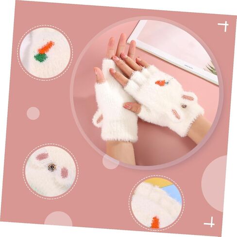 BESTYASH Thickened Fingerless Gloves with Cover, Warm Convertible Mittens Cartoon Carrot Design, White Pair for Cold Weather Outdoor Use in Saudi Arabia