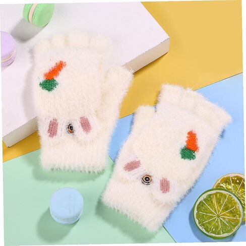 BESTYASH Thickened Fingerless Gloves with Cover, Warm Convertible Mittens Cartoon Carrot Design, White Pair for Cold Weather Outdoor Use in Saudi Arabia