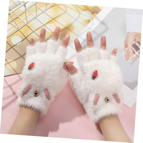 BESTYASH Thickened Fingerless Gloves with Cover, Warm Convertible Mittens Cartoon Carrot Design, White Pair for Cold Weather Outdoor Use in Saudi Arabia