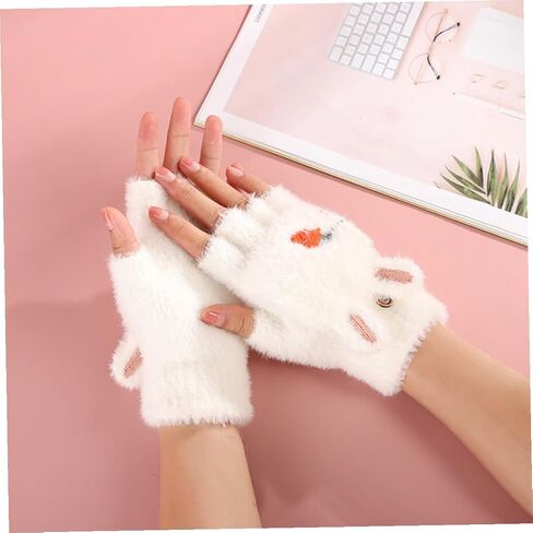 BESTYASH Thickened Fingerless Gloves with Cover, Warm Convertible Mittens Cartoon Carrot Design, White Pair for Cold Weather Outdoor Use in Saudi Arabia