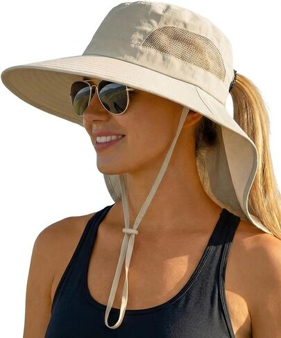 قبعات الشمس النسائية للحماية من الأشعة فوق البنفسجية بحافة واسعة وقابلة للتعبئة مع فتحة ذيل حصان للمشي لمسافات طويلة على الشاطئ وصيد الأسماك in Kuwait