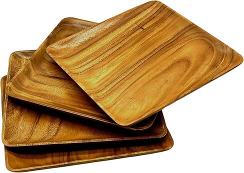 Acacia Wooden Plates – Set of 4, 10 Inch Square Rustic Wood Platters – for Food, Dining, BBQ Parties & Picnics, Durable, Handcrafted to Last, Joint Free, Continuous Beautiful Grains in Kuwait