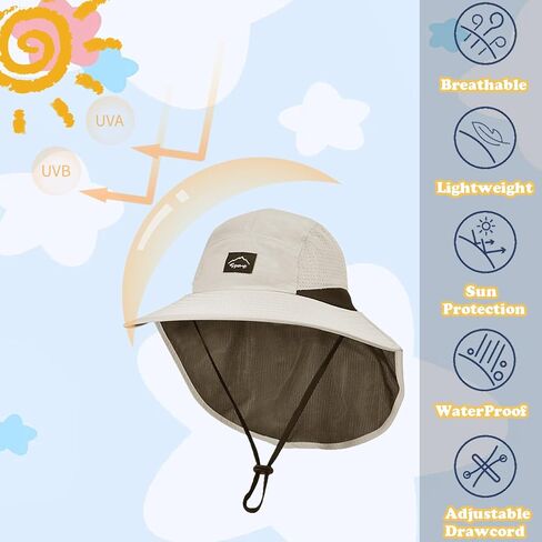 2 Pack Outdoor Kids Sun Hat with Neck Flap UPF 50+ LightGrey + Beige in Saudi Arabia