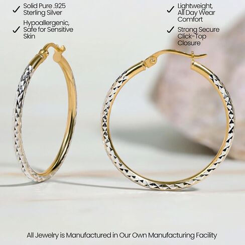 Hoops & Loops 925 Sterling Silver Two-Tone Yellow Gold and Silver Diamond-Cut Click-Top Hoop Earrings for Women, 25mm - 50mm in Kuwait