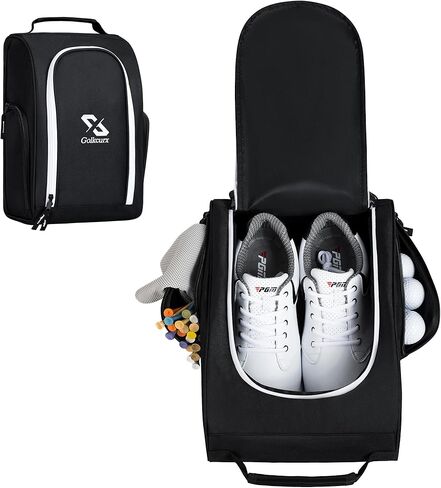 Golkcurx Golf Shoe Bag for Travel Zippered Sport Shoe Carrier Bags with Side Accessory Pockets for Socks, Tees, Golf Balls（Black） in Kuwait