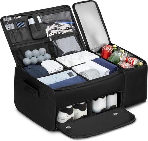 Golf Trunk Organizer with Built-in Hard Frame & Insulated Cooler Compartment, Ventilated Shoe Storage for 2 Pairs(Up to Mens US 11), Car Trunk Locker for Balls, Tees, Polos, Gloves - Black in Kuwait