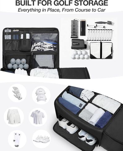 Golf Trunk Organizer with Built-in Hard Frame & Insulated Cooler Compartment, Ventilated Shoe Storage for 2 Pairs(Up to Mens US 11), Car Trunk Locker for Balls, Tees, Polos, Gloves - Black in Kuwait