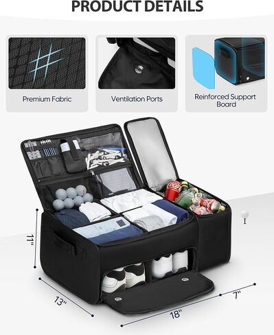 Golf Trunk Organizer with Built-in Hard Frame & Insulated Cooler Compartment, Ventilated Shoe Storage for 2 Pairs(Up to Mens US 11), Car Trunk Locker for Balls, Tees, Polos, Gloves - Black in Kuwait