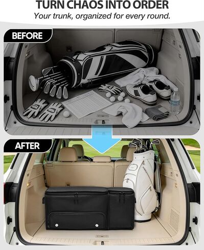 Golf Trunk Organizer with Built-in Hard Frame & Insulated Cooler Compartment, Ventilated Shoe Storage for 2 Pairs(Up to Mens US 11), Car Trunk Locker for Balls, Tees, Polos, Gloves - Black in Kuwait