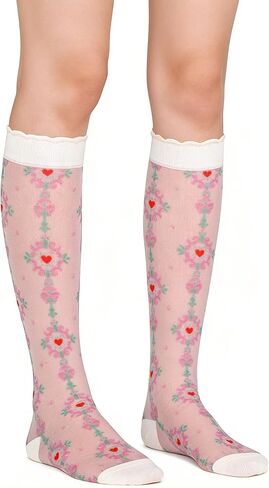 Benefeet Sox Womens Girls Lace Fishnet Knee High Stockings Pink Bow Cute Fancy Sheer Mesh High Tube Long Knee High Socks in Kuwait