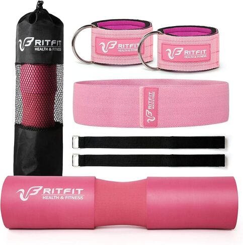 مجموعة وسادات القرفصاء من RitFit مكونة من 7 قطع، مع شريط مقاومة، وحزامين أمان، وشريطين للكاحل في صالة الألعاب الرياضية وحقيبة حمل، ودعم وسادة حماية للرقبة والكتف مطورة للقرفصاء والطعنات ودفع الورك (وردي/أسود) in Kuwait