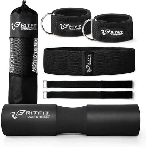 مجموعة وسادات القرفصاء من RitFit مكونة من 7 قطع، مع شريط مقاومة، وحزامين أمان، وشريطين للكاحل في صالة الألعاب الرياضية وحقيبة حمل، ودعم وسادة حماية للرقبة والكتف مطورة للقرفصاء والطعنات ودفع الورك (وردي/أسود) in Kuwait