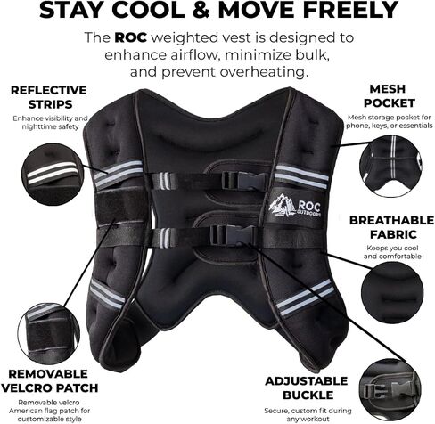 Roc Outdoors Weighted Vest W/ Rub-Free Technology for Woman and Men, 5lb/10lb/15lb/20lb/30lb Weight Vest with Reflective Stripe for Workout, Strength Training, Running, Walking, Fitness, Weight Training, Weight Loss, Weightlifting in Saudi Arabia