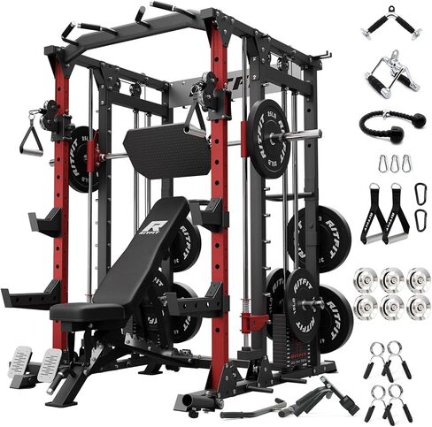 حزمة آلة RitFit Buffalo Smith، قفص طاقة الكل في واحد مع كومة أوزان، رف طاقة مع كابل متقاطع ومرفق ضغط الساق لصالة الألعاب الرياضية المنزلية in Kuwait