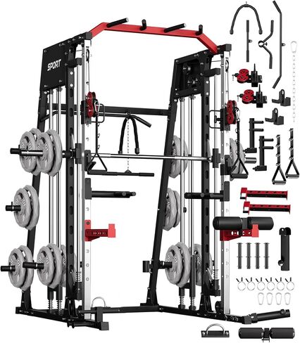 GarveeLife Smith Machine Home Gym الكل في واحد، قفص طاقة برف القرفصاء بوزن 2200 رطل مع شريط سميث، وسحب LAT للأسفل، وأنظمة الكابلات، وتثبيت الساق والمزيد من الملحقات، ومعدات التمرين (أحمر أسود) in Saudi Arabia