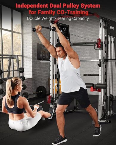 GarveeLife Smith Machine Home Gym الكل في واحد، قفص طاقة برف القرفصاء بوزن 2200 رطل مع شريط سميث، وسحب LAT للأسفل، وأنظمة الكابلات، وتثبيت الساق والمزيد من الملحقات، ومعدات التمرين (أحمر أسود) in Saudi Arabia
